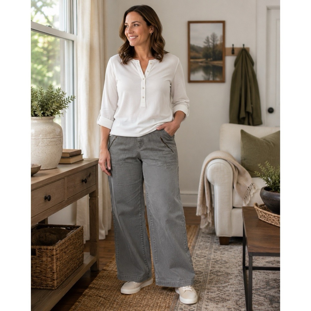 Cabela's Casuals Women's Size 14 Gray Cotton Utility Pants Wide Leg Zip Pockets